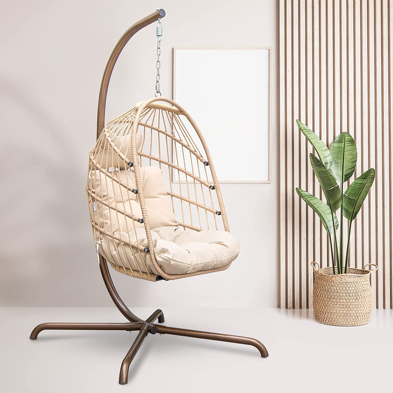 Rattan Wicker Hanging Hammock Egg Swing Chair with Stand for Indoor and Outdoor