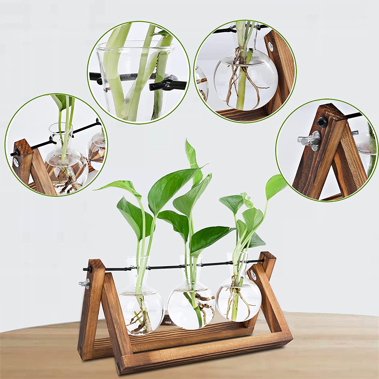Wooden Plant Stand with Glass Bulb Vases for Indoor Outdoor