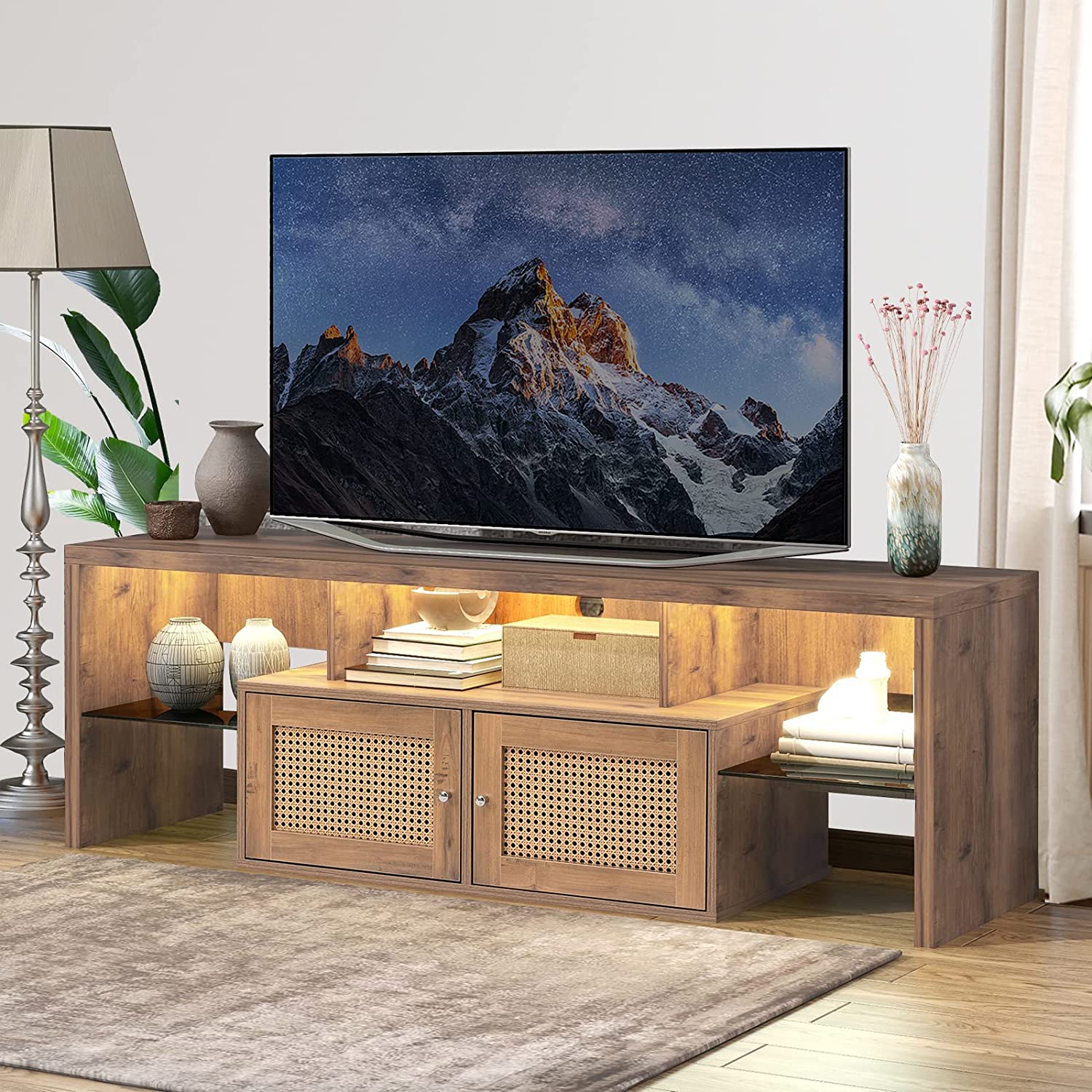 59" Rattan Cane TV Console Stand