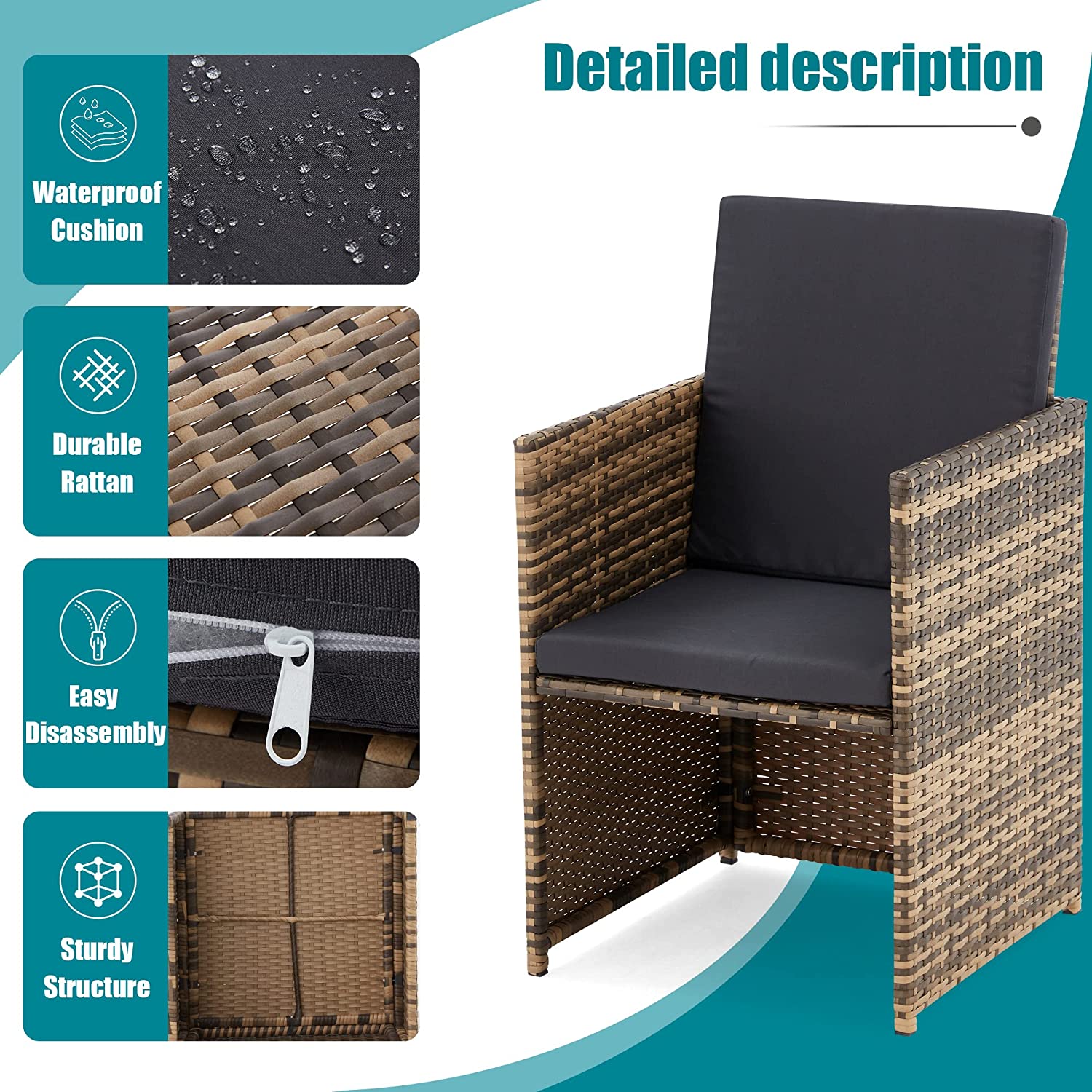 Modern 3-Piece Rattan Cane Outdoor Patio Furniture Set