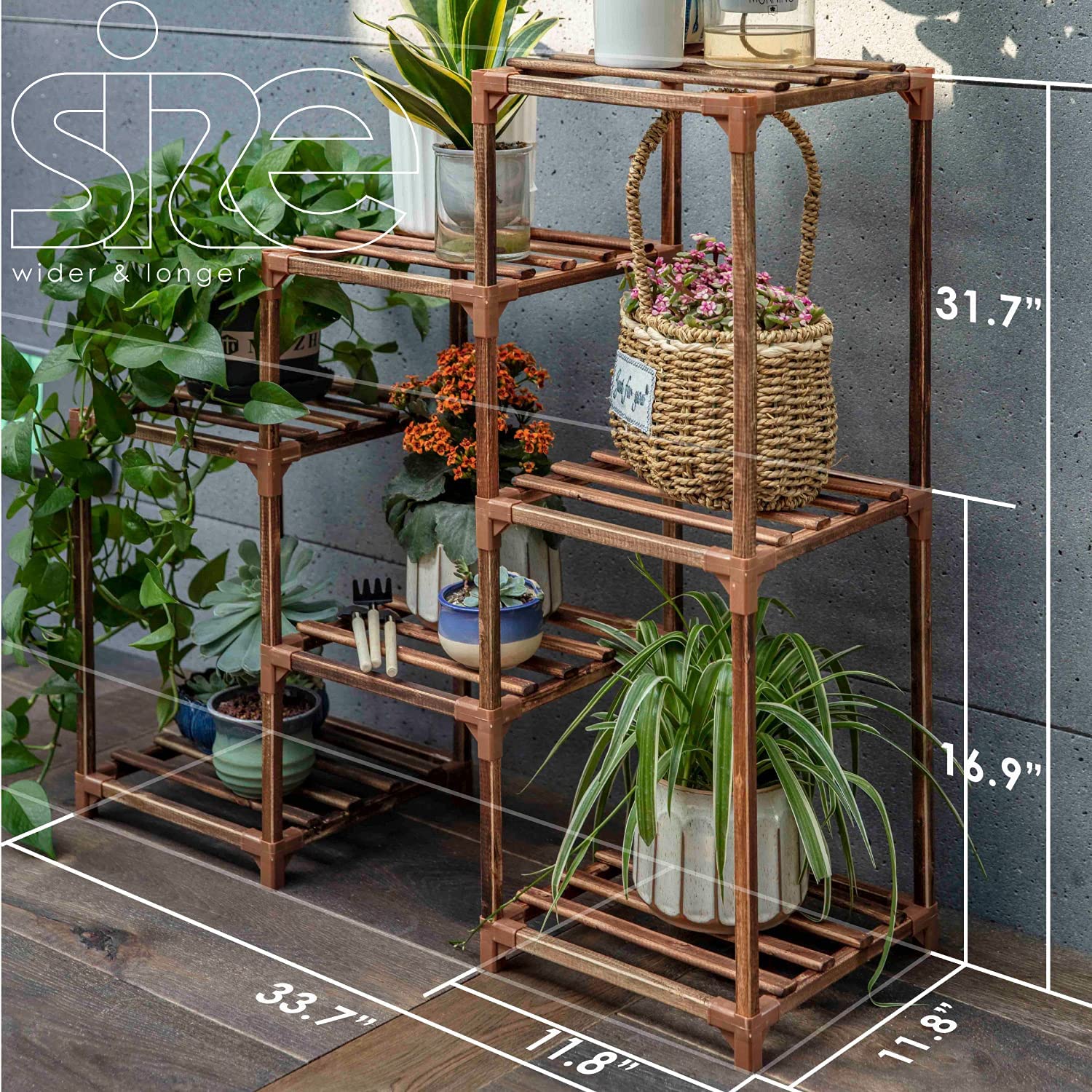 7-Pot Eco-Friendly Wooden Plant Stand - Sturdy Indoor & Outdoor Display