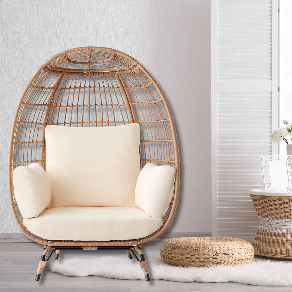 Slicker Wicker Egg Chair Indoor Outdoor Lounger for Patio, Backyard, Living Room, 440lb Capacity