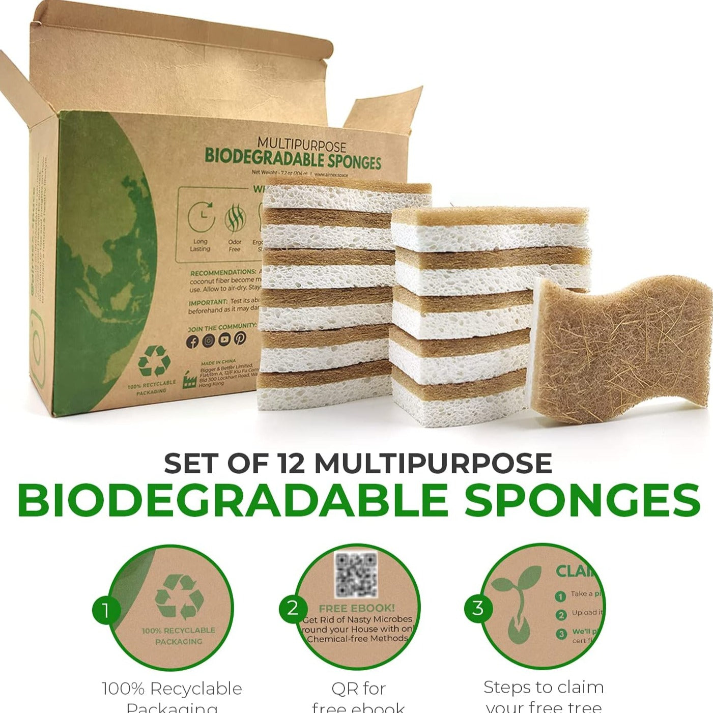 Kitchen Cleaning Dish Sponges Hypoallergenic, Eco-Friendly & Sustainable (12 Piece)