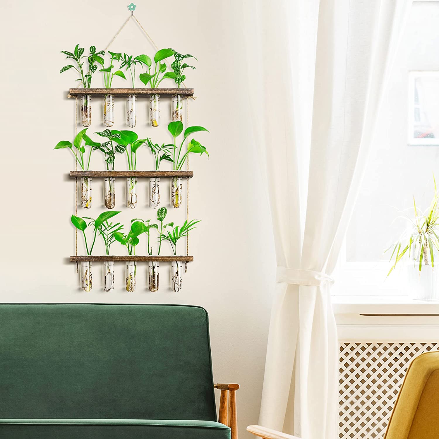 3 Tier Bamboo Propagation Station Wall Hanging Plant Holder with LED Lights for Indoor Gardening