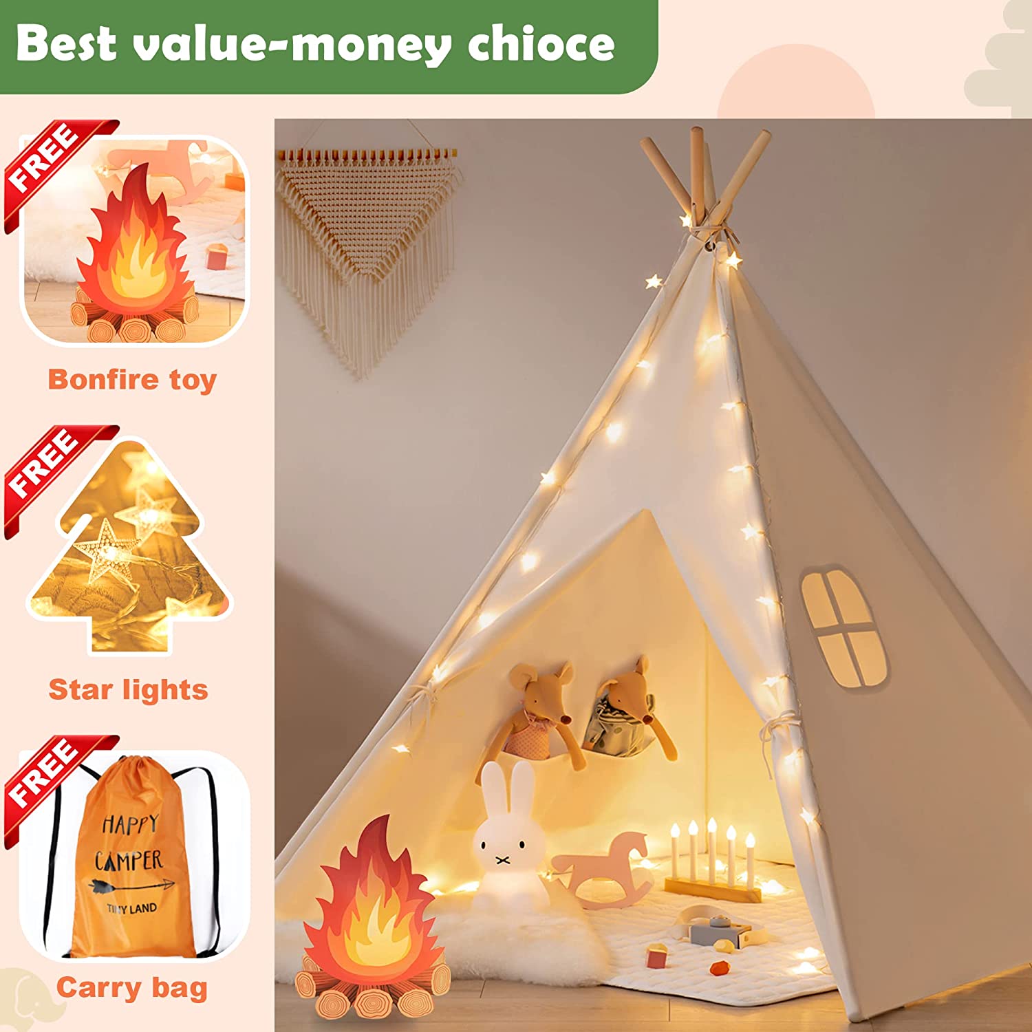 Children's Bamboo Play Tent Kids Teepee for Indoor Outdoor Camping With Fairy Lights