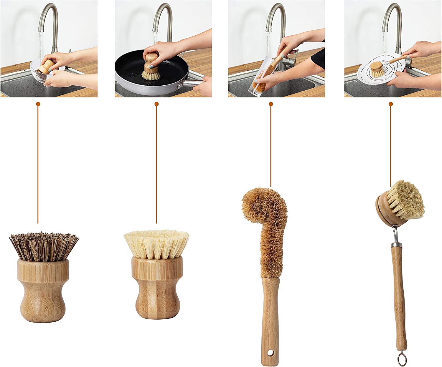Bamboo Dish Scrub Brush Durable Non-Scratch Set (4 Pack)