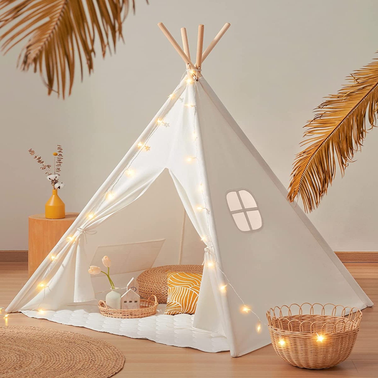 Children's Bamboo Play Tent Kids Teepee for Indoor Outdoor Camping With Fairy Lights